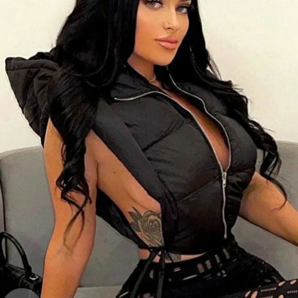 Black hooded vest tie up on each side.